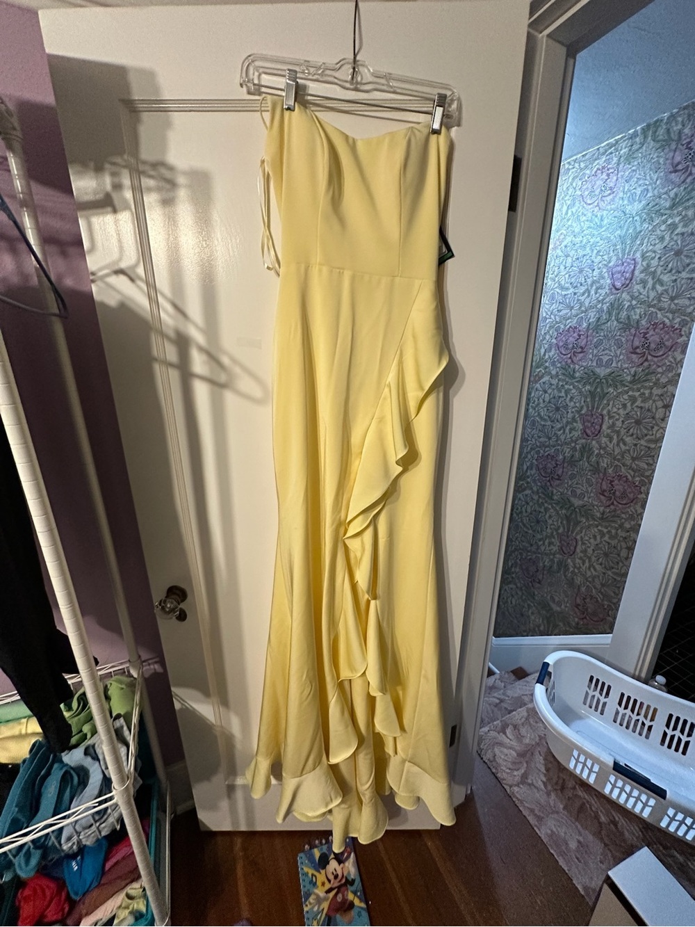 La Femme Yellow Strapless Ruffle Gown